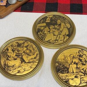 3 set Brass WallHangers etchings French romance scenes